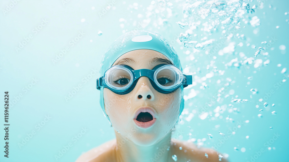 Naklejka premium A child at the swimming pool in a swim cap and goggles