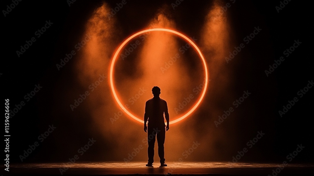 Obraz premium Silhouetted man stands before a glowing orange ring on a dark stage with smoky lighting.