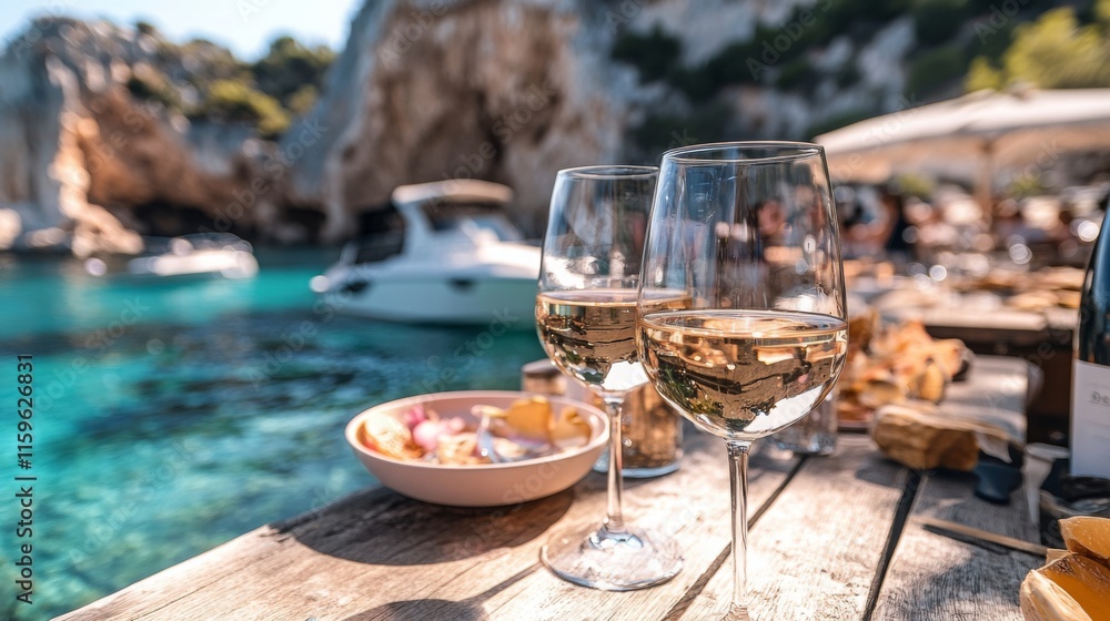 Two glasses of cold Provence Wine on a boatwith sea view. Two glasses of cold Provence Wine on a boatwith sea view.