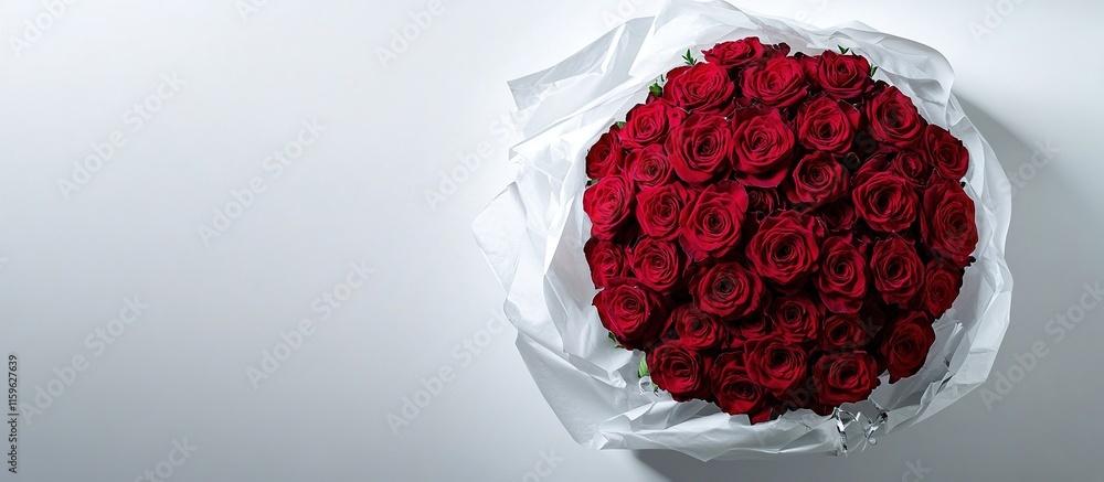 Bouquet of dark red roses on white surface, wrapped in white paper.. Bouquet of dark red roses on white surface, wrapped in white paper..