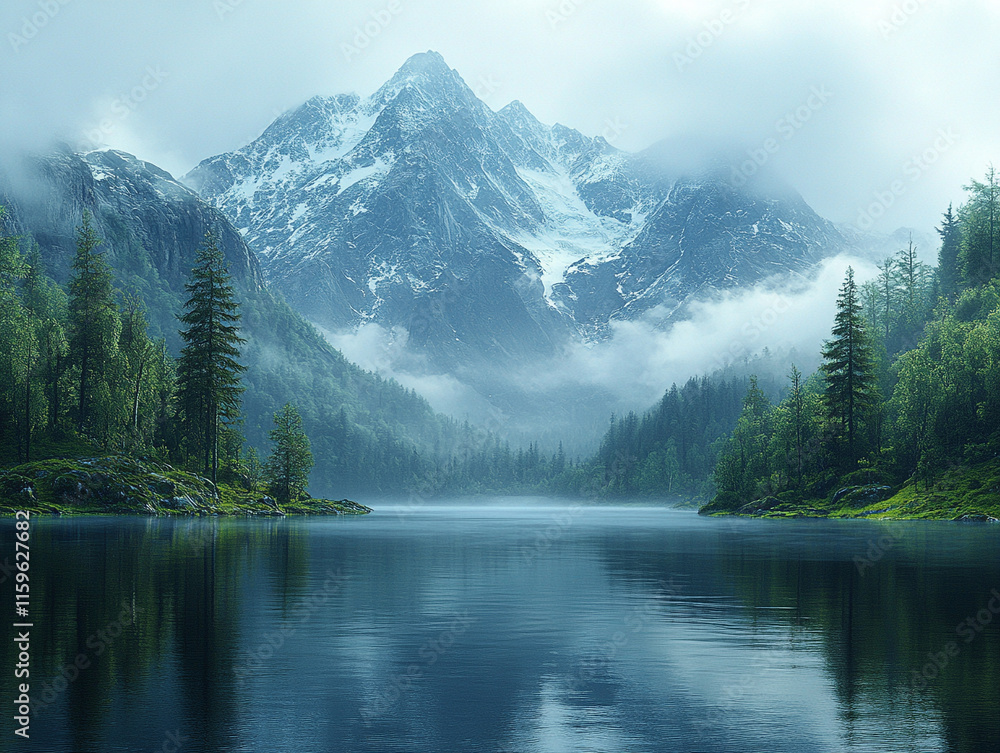 Fototapeta premium Serene Lake and Majestic Snow-Capped Mountains