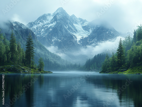 Serene Lake and Majestic Snow-Capped Mountains