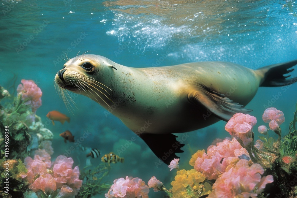 Obraz premium Galapagos sea lion in underwater beauty and grace