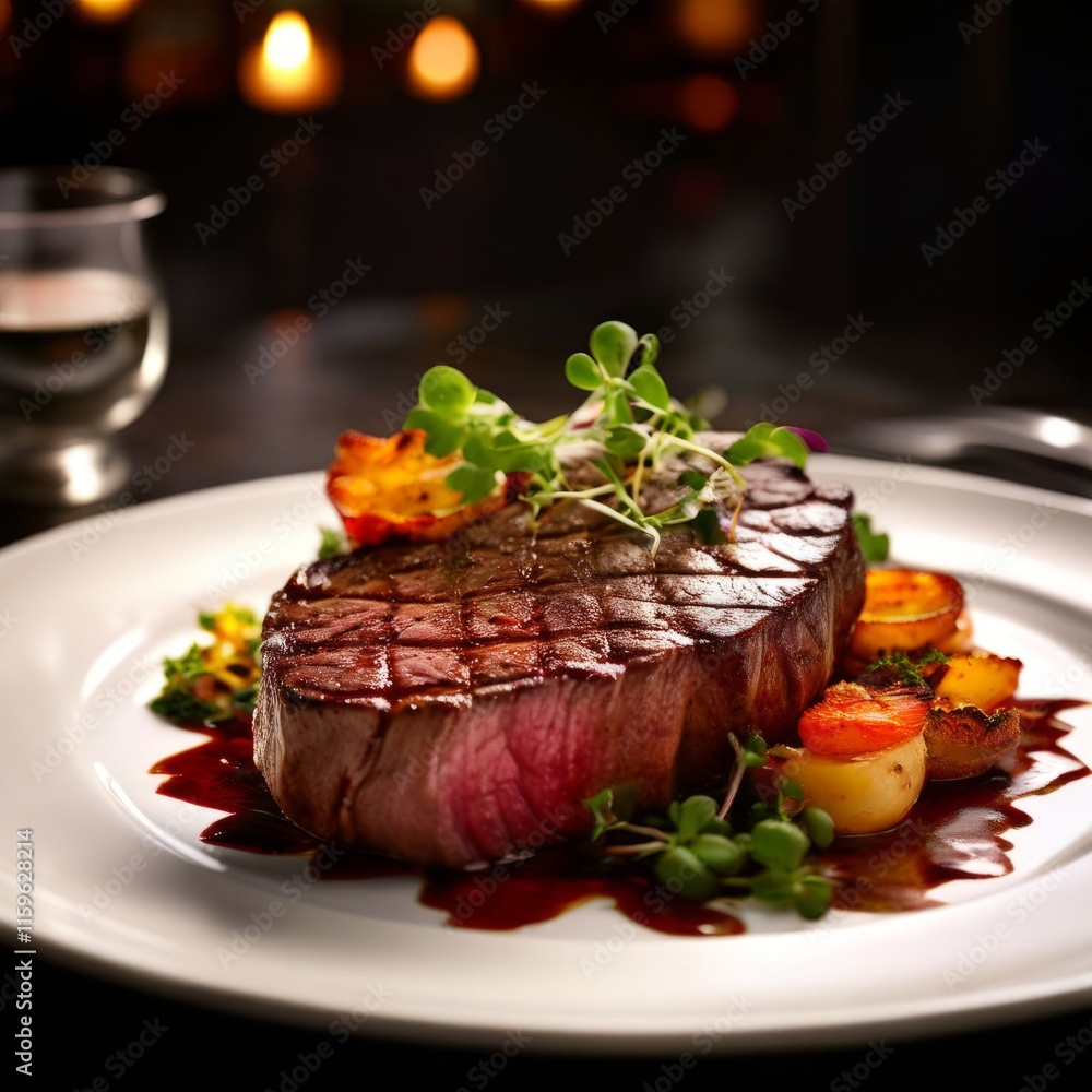 Elegant dish of perfectly seared steak with colorful accompaniments, garnished with fresh herbs, ideal for showcasing fine dining experiences in food blogs, advertisements, or social media posts. Elegant dish of perfectly seared steak with colorful accompaniments, garnished with fresh herbs, ideal for showcasing fine dining experiences in food blogs, advertisements, or social media posts.