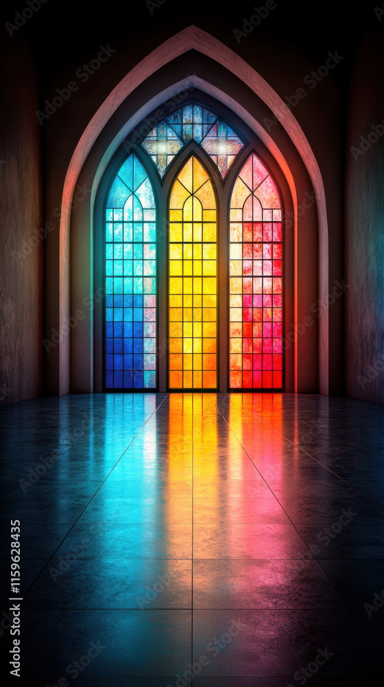 Glowing up, Glowing stained glass windows illuminate a dark cathedral, creating a mystical atmosphere captured in this stunning stock image. Glowing up, Glowing stained glass windows illuminate a dark cathedral, creating a mystical atmosphere captured in this stunning stock image.