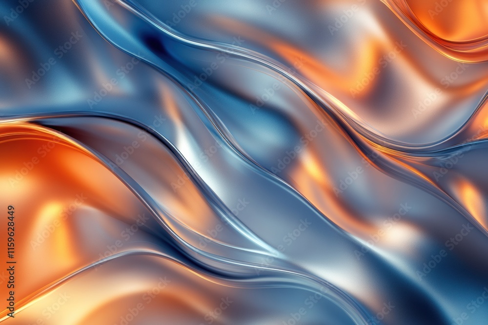 Obraz premium Glassy waves of blue and orange flow creating an abstract visual experience of smooth textures and colors. Generative AI