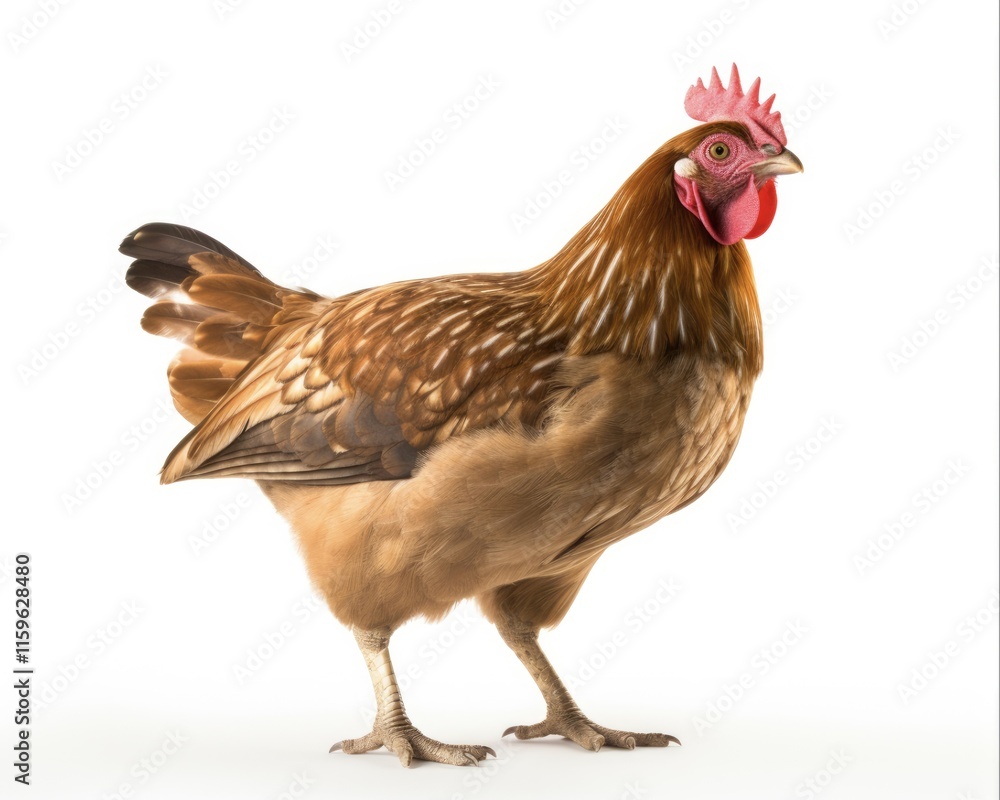 Fototapeta premium Brown Hen Standing Proudly on White Background. Capturing the Essence of a Farm Animal