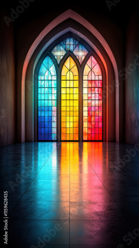 Glowing up, Glowing stained glass windows illuminate a dark cathedral, creating a mystical atmosphere captured in this stunning stock image.