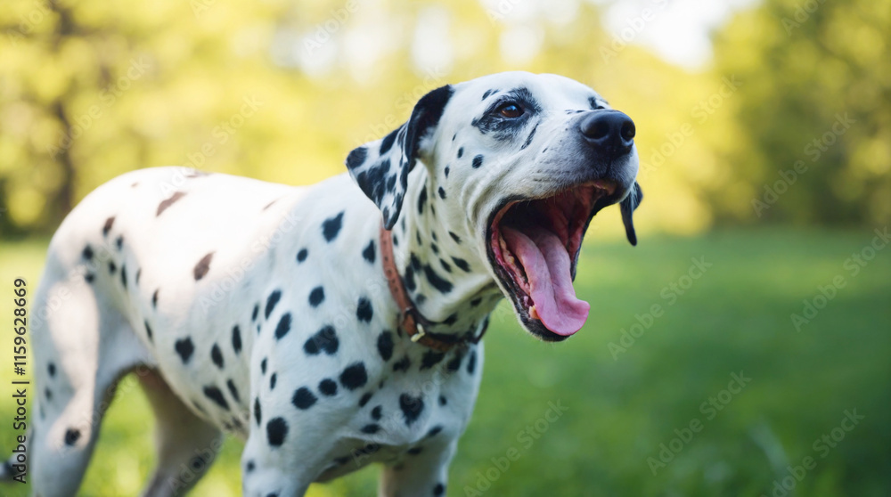 Sleepy Dalmatian Yawning Widely in Lush Green Setting
Sleepy Dalmatian Yawning Widely in Lush Green Setting