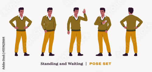 Handsome dark skin businessman stand, wait pose set. Guy in v-neck pullover, knit sweater for modern office casual look, authentic pakistani indian male model. Vector flat style cartoon illustration