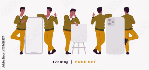 Handsome dark skin businessman stand, lean pose set. Guy in v-neck pullover, knit sweater for modern office casual look, authentic pakistani indian male model. Vector flat style cartoon illustration