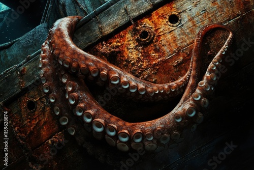 Giant squid tentacle grips sunken ship in dark ocean photo