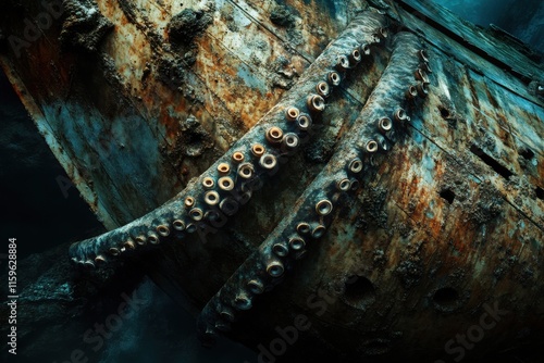 Giant squid tentacle grips sunken ship in dark ocean photo