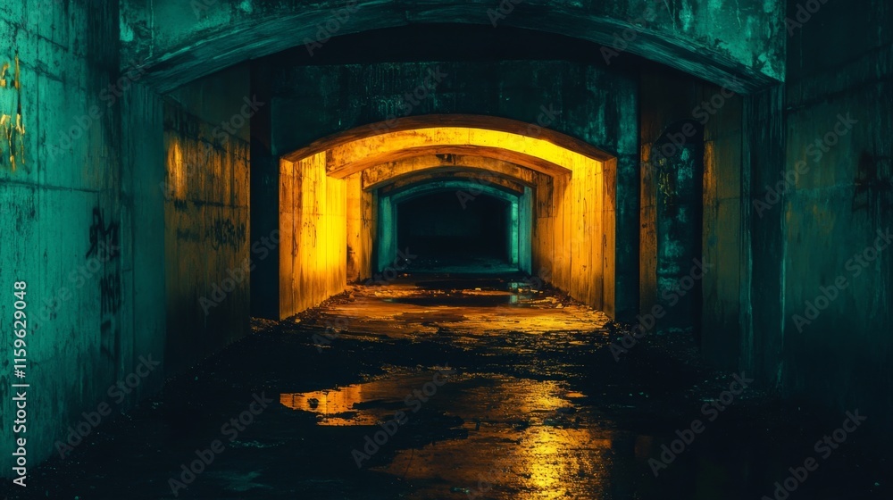 Fototapeta premium Illuminated Arches Under a Moody Bridge at Night