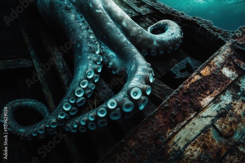 Giant squid tentacle grips sunken ship in dark ocean
