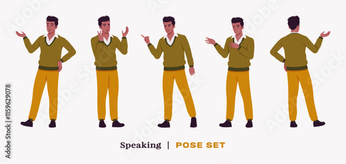 Handsome dark skin businessman speaking, talk pose set. Guy in v-neck pullover knit sweater for modern office casual look, authentic pakistani indian male model. Vector flat style cartoon illustration