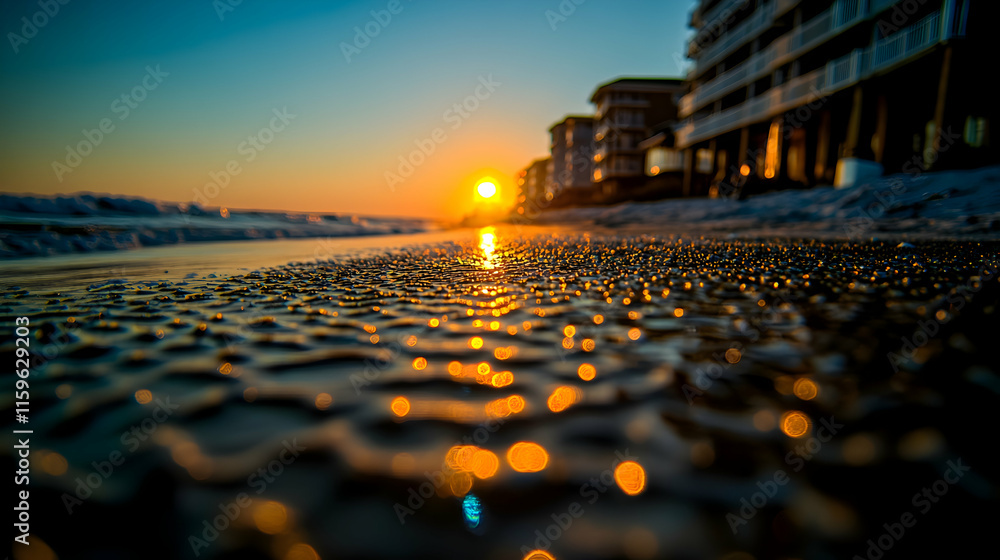 Fototapeta premium Sunrise over ocean beach, wet sand close-up.