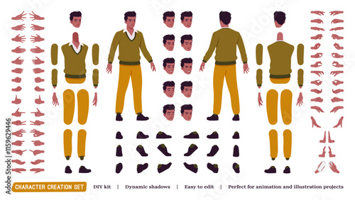 Handsome dark skin man DIY character creation set. Office casual look, athentic pakistani indian body figure parts. Head, leg, hand gestures, different emotions, construction kit. Vector illustration