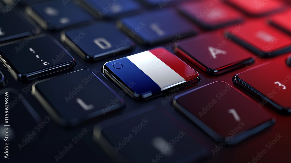 Computer keyboard, close-up button of the flag of France. 3D render of a laptop keyboard Computer keyboard, close-up button of the flag of France. 3D render of a laptop keyboard