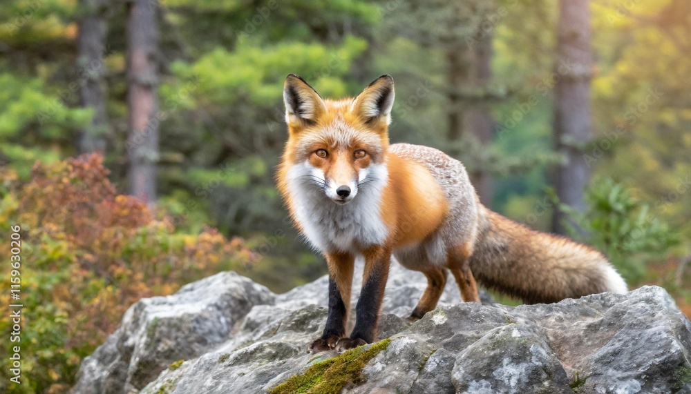 Fototapeta premium Red Fox Posing on a Rocky Outcrop in a Picturesque Woodland Clearing