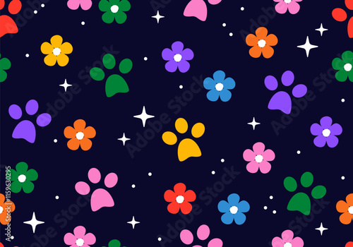 Dog paw seamless pattern cat footprint flower french bulldog kitten calico vector puppy pet cartoon doodle tile background gift wrapping paper repeat wallpaper illustration design
