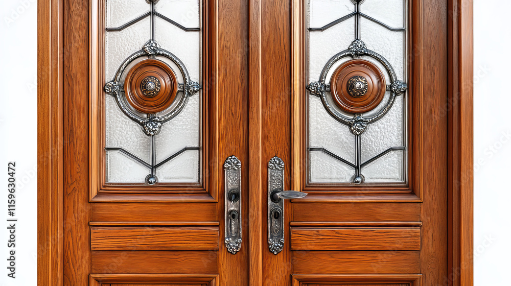 Set of closed wooden doors isolated on white background. Vector realistic illustration of modern doorway with dark brown wood texture, glass decoration, black metal doorknob, interior design element Set of closed wooden doors isolated on white background. Vector realistic illustration of modern doorway with dark brown wood texture, glass decoration, black metal doorknob, interior design element