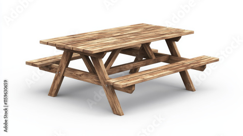 Fototapeta Naklejka Na Ścianę i Meble -  Dark wooden table for picnic with long benches on sides. Realistic 3d vector illustration set of garden furniture made of wood for barbecue or lunch outdoor. Desk with seats for camping and dining.