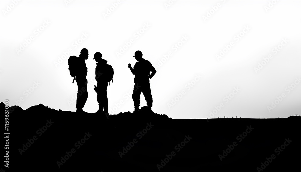 Silhouette Engineers Worker discussion with architects work planing in construction site working on high ground heavy industry and safety concept Silhouette Engineers Worker discussion with architects work planing in construction site working on high ground heavy industry and safety concept