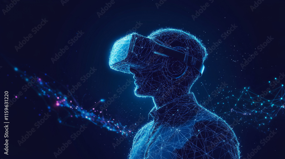 Virtual reality hologram. Composed polygons, triangles, and lines, forming a low-poly structure. A network of connections representing futuristic virtual reality technology in a sleek, vector concept Virtual reality hologram. Composed polygons, triangles, and lines, forming a low-poly structure. A network of connections representing futuristic virtual reality technology in a sleek, vector concept