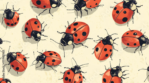 Vector seamless background of ladybirds of different sizes. Beautiful background from insects.