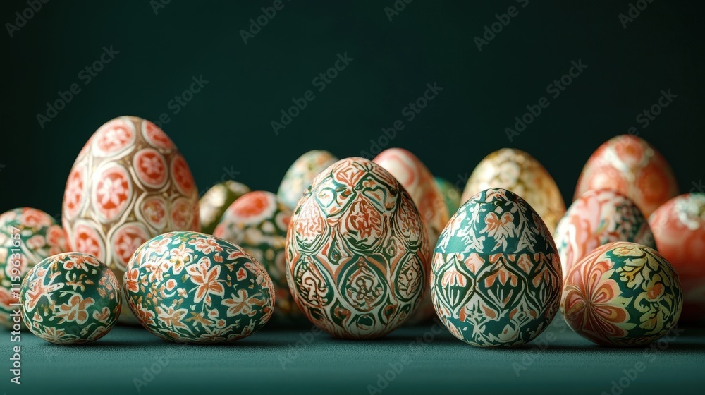Emerald green background of intricately decorated easter eggs Emerald green background of intricately decorated easter eggs