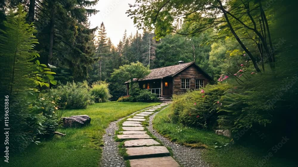 Green grass and vibrant bushes surround a winding stone path leading to a charming wooden cabin nestled within a tranquil forest setting, illuminated by soft, ambient light Green grass and vibrant bushes surround a winding stone path leading to a charming wooden cabin nestled within a tranquil forest setting, illuminated by soft, ambient light