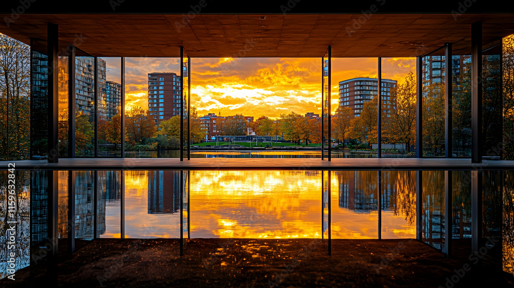 Fototapeta premium Sunset reflected in a modern building's pool, city skyline view.