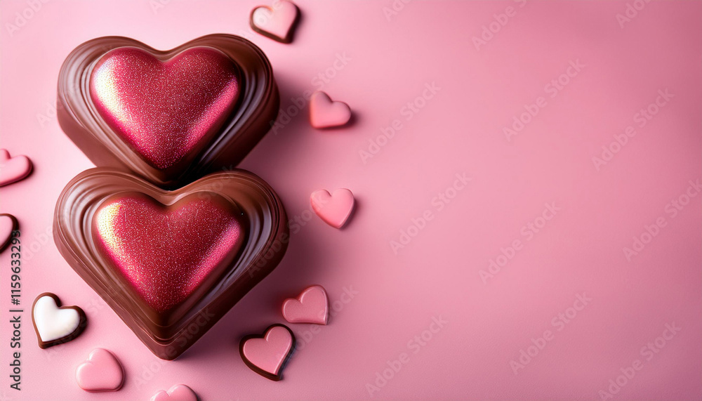 Fototapeta premium Chocolate hearts candies on pink, copy space. Valentines Day love celebration, sweet gift, food