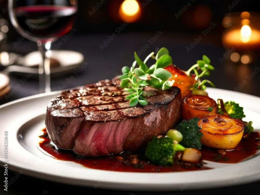 Succulent grilled steak topped with fresh rosemary, served on white plate with vibrant vegetables, rich sauce, creating elegant dining experience perfect for restaurant menus. culinary promotions. Succulent grilled steak topped with fresh rosemary, served on white plate with vibrant vegetables, rich sauce, creating elegant dining experience perfect for restaurant menus. culinary promotions.