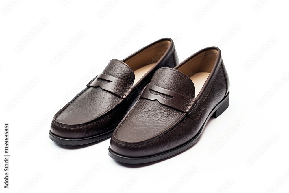 Classic Dark Brown Loafers. Casual Slip-On Footwear Pair in Isolated Setting Classic Dark Brown Loafers. Casual Slip-On Footwear Pair in Isolated Setting