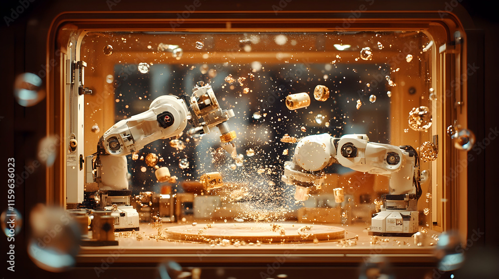Fototapeta premium Two robotic arms work on a wooden material, creating sawdust and small wood pieces inside a glass enclosure.