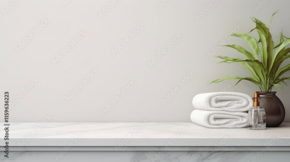Clean Bathroom Background with Marble Countertop for Amenities and Design Purposes. 3D Render with Board Space for Montage Clean Bathroom Background with Marble Countertop for Amenities and Design Purposes. 3D Render with Board Space for Montage