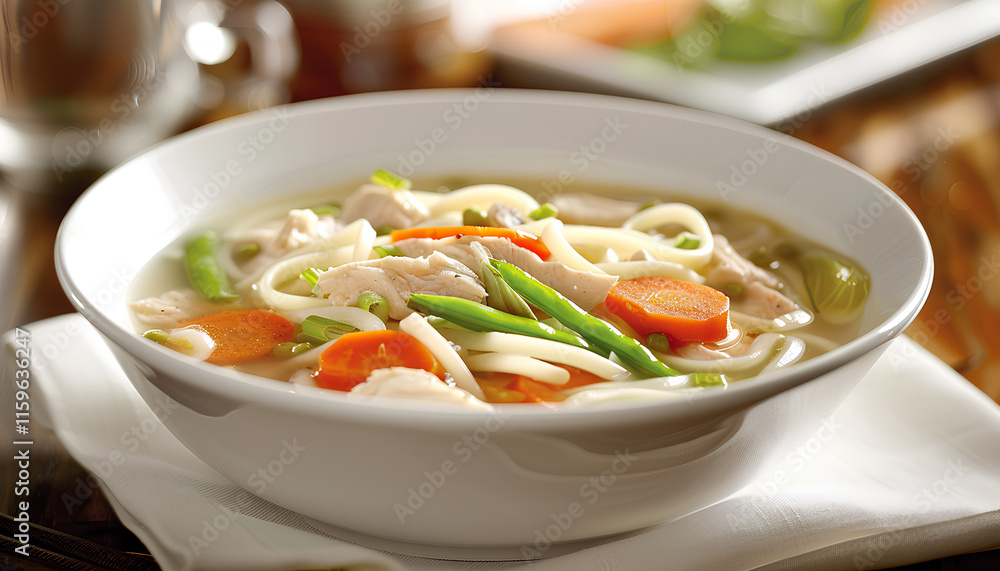 Chicken noodle soup with vegetables in a white bowl Chicken noodle soup with vegetables in a white bowl