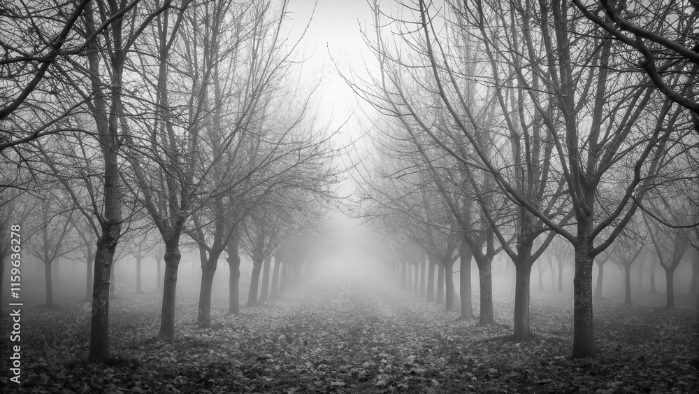 Fototapeta premium Monochrome foggy tree path misty forest black and white photography serene environment low angle view nature concept
