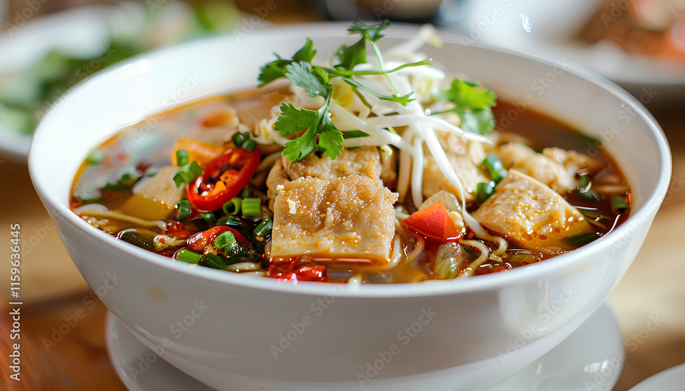 Chicken noodle soup with vegetables in a white bowl Chicken noodle soup with vegetables in a white bowl