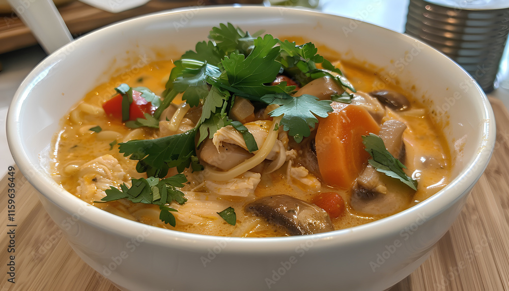 Chicken noodle soup with vegetables in a white bowl Chicken noodle soup with vegetables in a white bowl