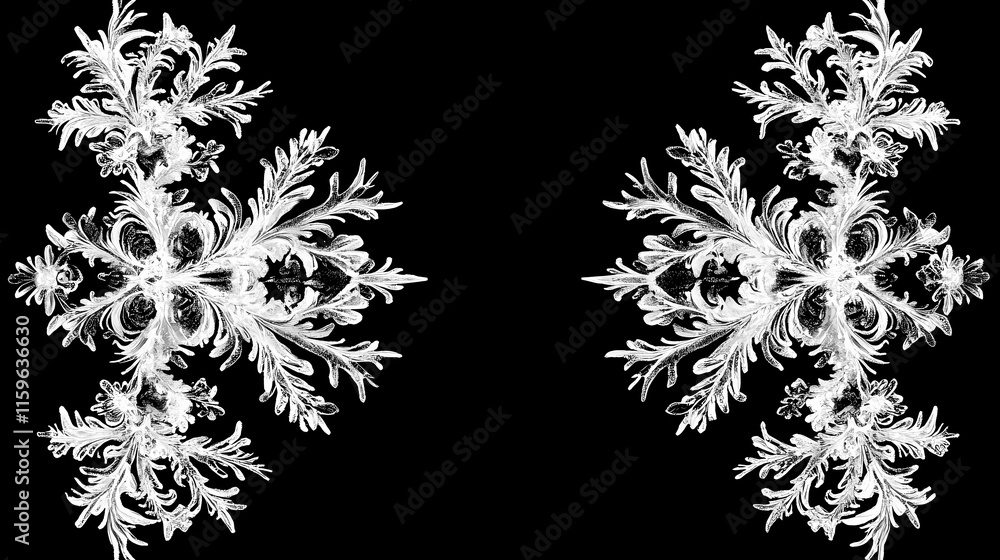 Frostwork. decorative frostwork ice crystals frame on black background. can be used as window frost overlay in design, color sketch. isolated with white highlights. Frostweave. Illustration