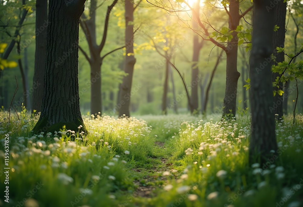 Beautiful morning forest path with white wildflowers at sunrise. Green trees in misty spring woods. Natural sunlight through leaves. Nature landscape for background with copy space Beautiful morning forest path with white wildflowers at sunrise. Green trees in misty spring woods. Natural sunlight through leaves. Nature landscape for background with copy space