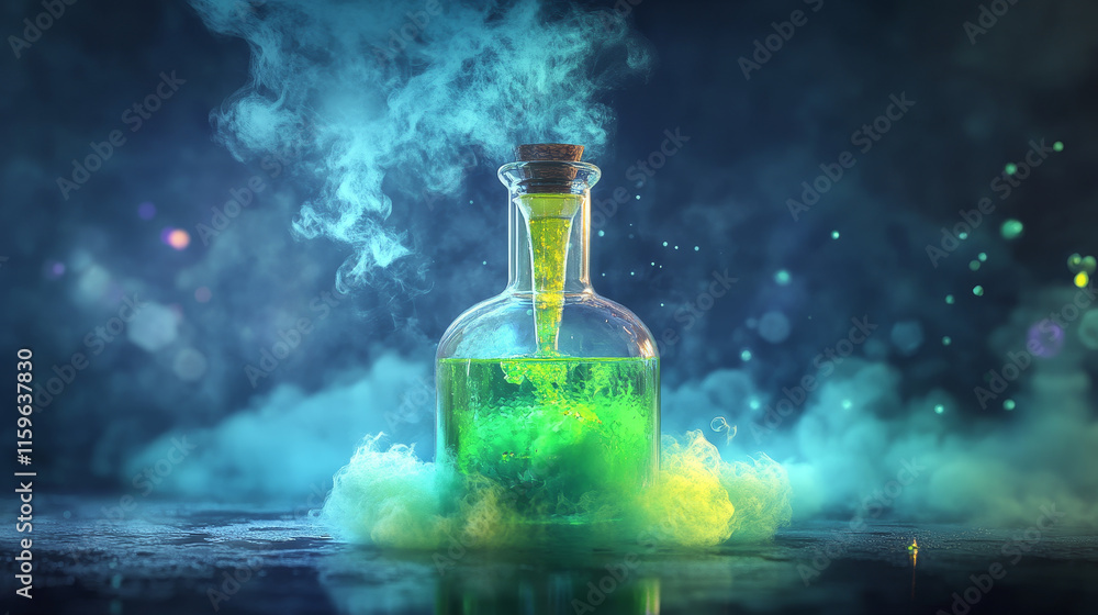 Bottle with magic elixir and green smoke. Cartoon animation stages of glowing and sparkling smoke explosion from chemical reaction of potion. Vector illustration of glass vial with puffing cloud. Bottle with magic elixir and green smoke. Cartoon animation stages of glowing and sparkling smoke explosion from chemical reaction of potion. Vector illustration of glass vial with puffing cloud.