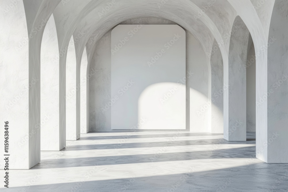 Contemporary Gallery Space: 3D Render of Bright White Interior with Mock-Up Banner and Archways Contemporary Gallery Space: 3D Render of Bright White Interior with Mock-Up Banner and Archways