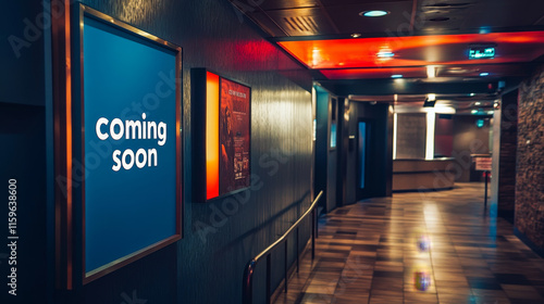 Empty isolated cinema poster panel on the wall of theater walkway, white blank mockup movie frame with coming soon text for insert design