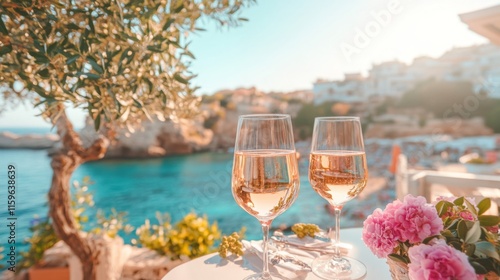 Fototapeta Naklejka Na Ścianę i Meble -  Cold rose Provencal wine in glass served in sunlights on outdoor terrace with view on old fisherman's harbour
