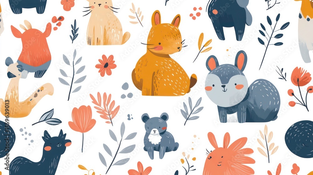 Seamless pattern with cute cartoon animals and flowers. Seamless pattern with cute cartoon animals and flowers.