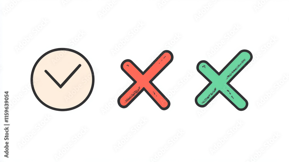 A set of check marks and crosses. The correct and incorrect icon. Vector illustration. Isolated YES and NO signs on a white background A set of check marks and crosses. The correct and incorrect icon. Vector illustration. Isolated YES and NO signs on a white background